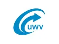 Blauw logo met een pijl die een cirkel volgt, met de tekst "uwv" eronder. Dit is het logo van UWV, wat staat voor 'uitvoeringsinstituut werknemersverzekeringen'.
