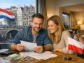 Para analizująca dokumenty i pieniądze, z polską flagą na stole. W tle widać Amsterdam, sugerując starania o zasilek Holandia.