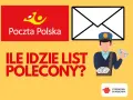 Grafika z logo Poczty Polskiej i pytaniem: "Ile idzie list z Polski do Holandii?". Widoczny listonosz z listami.