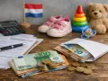 Holandia: ulga podatkowa na dziecko. Pieniądze, dokumenty, kalkulator, zabawki i flaga Holandii sugerują rozliczenie podatkowe związane z dzieckiem.