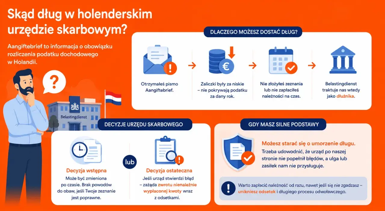 Holenderski urząd skarbowy (Belastingdienst) może uznać Cię za dłużnika, jeśli zaliczki były za niskie lub nie zapłaciłeś na czas. Brak ubezpieczenia w Holandii może prowadzić do takich sytuacji.