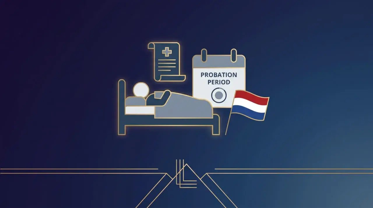 Chorobowe w Holandii: kalendarz z napisem "Probation Period" i flagą Holandii obok łóżka z chorym.