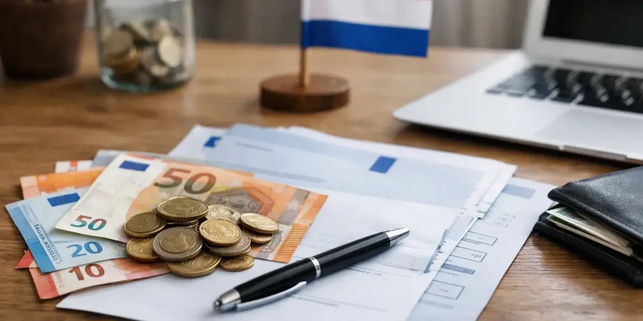 Euro banknoty, monety, dokumenty i flaga Holandii na biurku. Zastanawiasz się, kiedy można zmienić ubezpieczenie w Holandii?