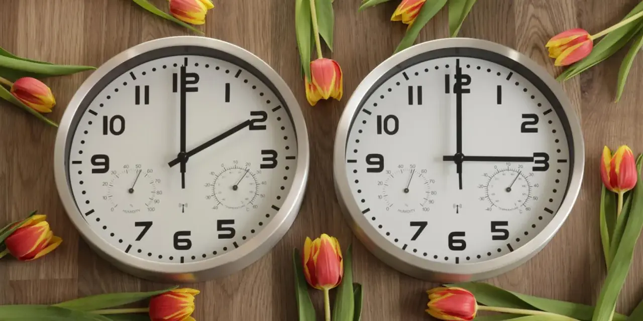 Two clocks on a wooden surface surrounded by tulips. One clock shows 1:45, the other shows 2:45.