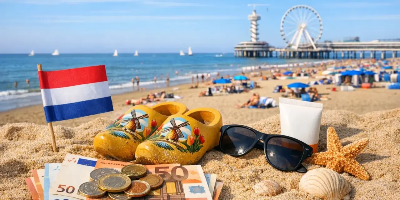 Holenderska flaga, drewniaki, pieniądze i okulary przeciwsłoneczne na plaży. Idealne na wakacje, a może werckpost oferty pracy?