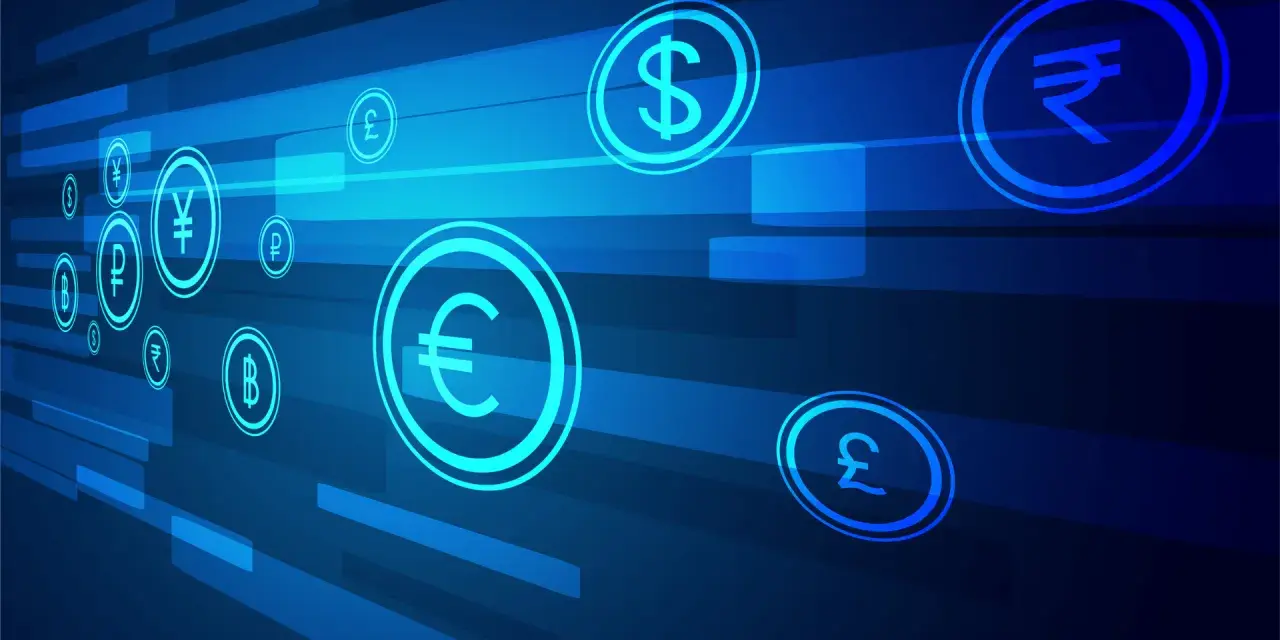 Wirtualne symbole walut, jak euro i dolar, unoszą się w cyfrowej przestrzeni. Zastanawiasz się, ile idzie przelew z Holandii do Polski?