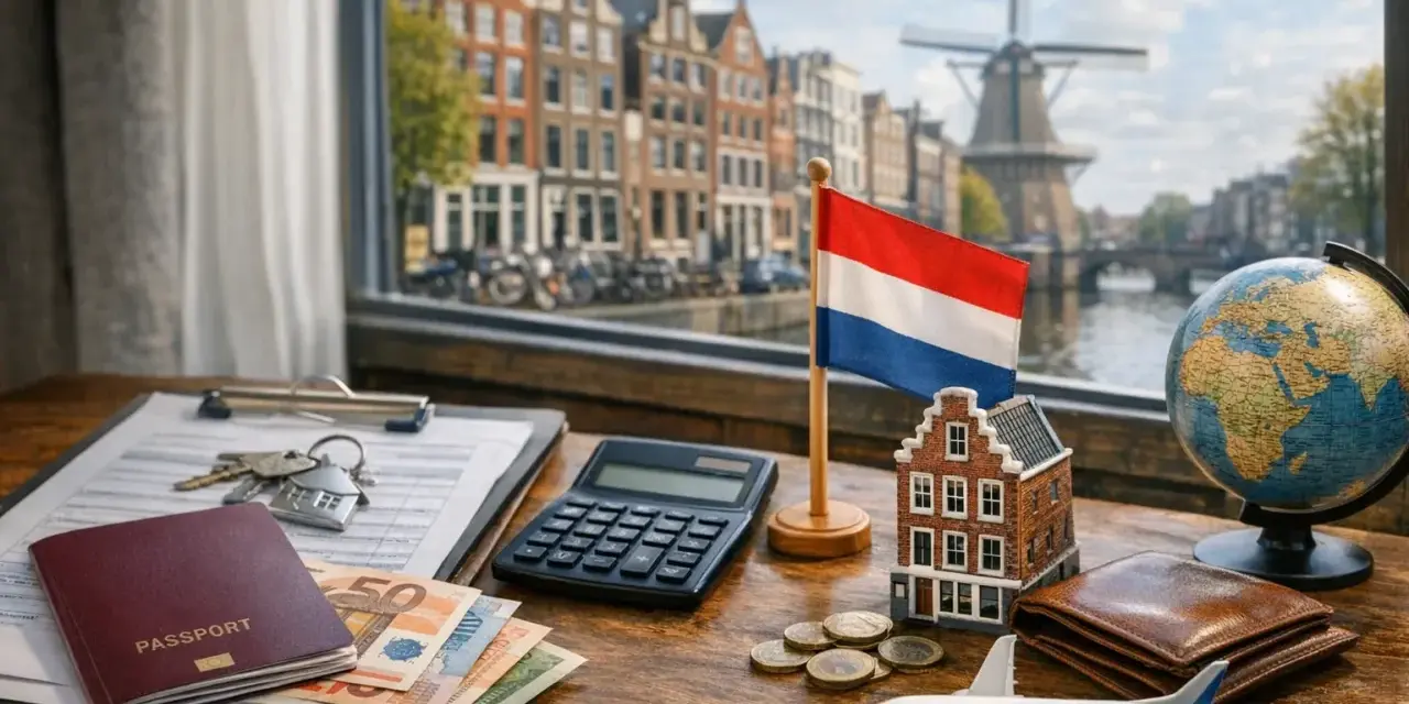 Dokumenty, paszport, pieniądze i klucze do domu sugerują zmianę adresu korespondencyjnego belasting. W tle Amsterdam.