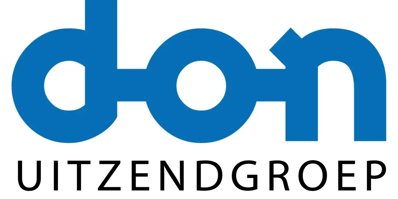 Logo DON Uitzendgroep. Niebieski napis DON z białym kółkiem w środku, poniżej czarny napis Uitzendgroep.