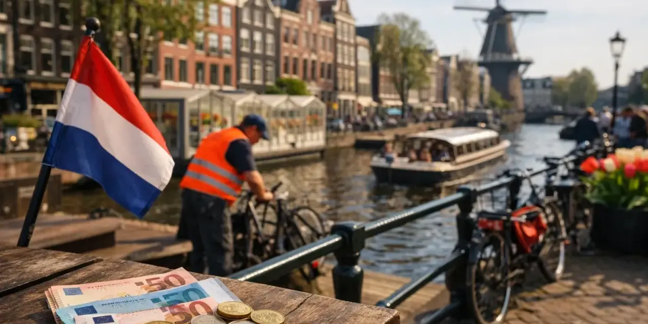 Euro's op tafel in Amsterdam, met een Nederlandse vlag. Droom je van praca holandia 500 euro tygodniowo?