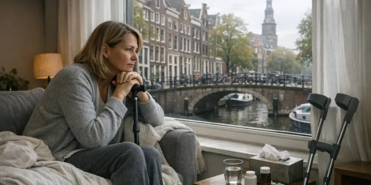 Kobieta z laską patrzy przez okno na Amsterdam. Myśli o swojej przyszłości i o tym, jak sobie poradzi, gdy skończy się renta w Holandii.