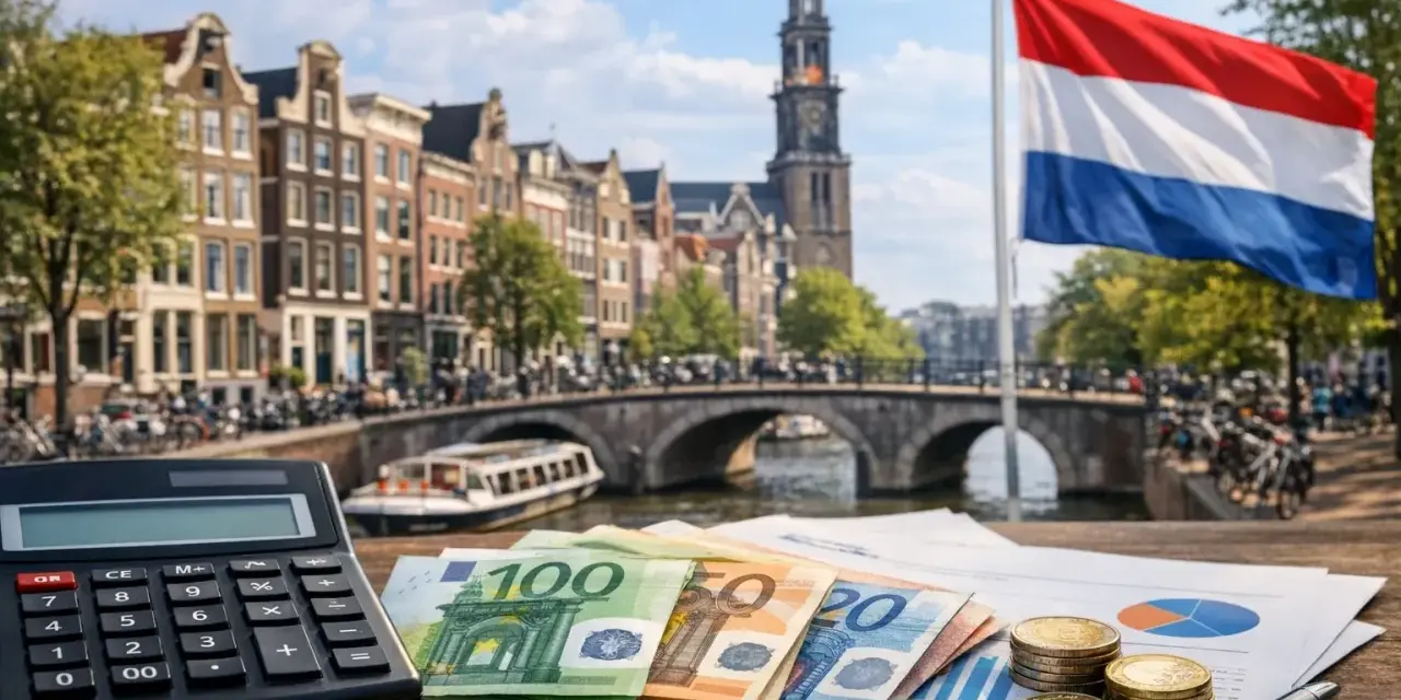 Eurobiljetten, munten en een rekenmachine op een tafel met Amsterdamse grachten op de achtergrond. Hoeveel verdient een arts in Nederland?