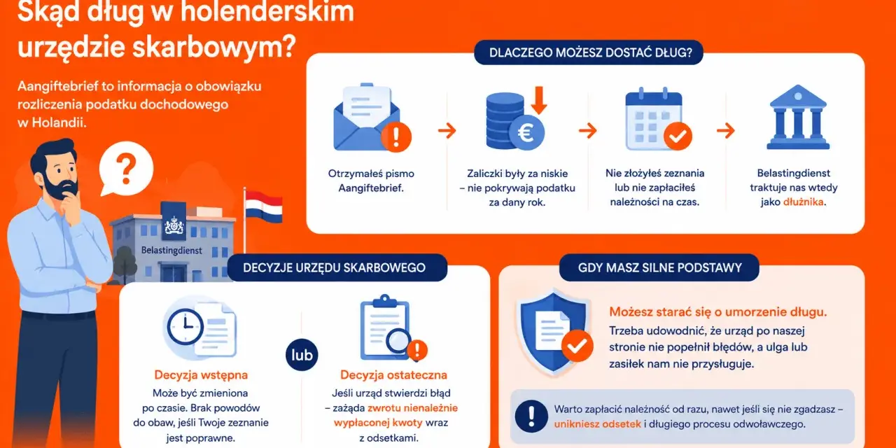 Holenderski urząd skarbowy (Belastingdienst) może uznać Cię za dłużnika, jeśli zaliczki były za niskie lub nie zapłaciłeś na czas. Brak ubezpieczenia w Holandii może prowadzić do takich sytuacji.