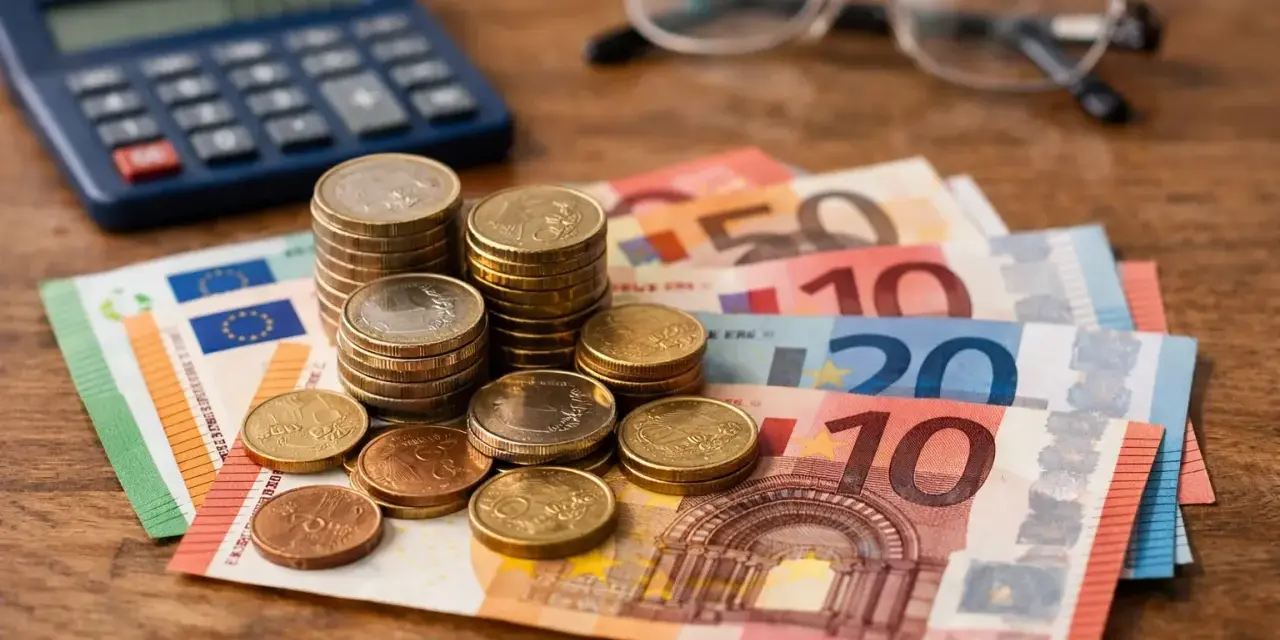 Euro banknoty i monety, kalkulator i okulary. Planowanie emerytury w Holandii wymaga oszczędności.