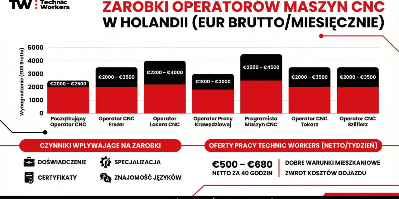 Zarobki operatora CNC w Holandii: od €1800 do €4500 miesięcznie brutto, zależnie od specjalizacji i doświadczenia.