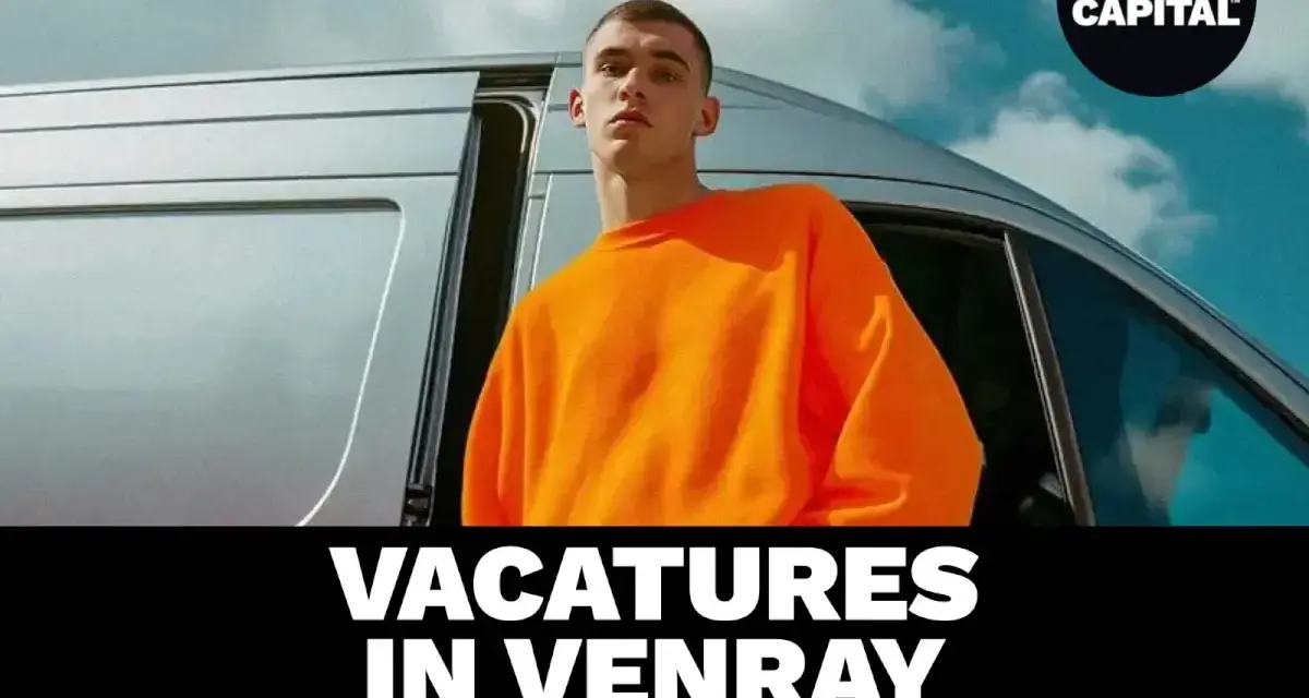 Młody mężczyzna w pomarańczowej bluzie obok vana. Ogłoszenie: praca Venray bez języka.