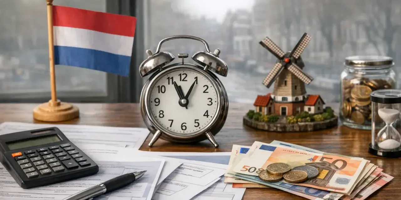 Nederlandse vlag, wekker, geld en molen. Tijd om de belastingdienst po polsku te regelen.