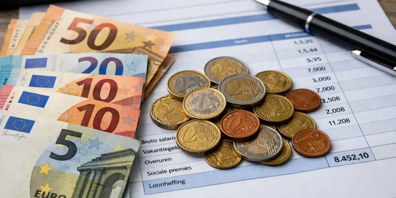 Euro banknoty i monety na dokumencie z danymi finansowymi. Planowanie budżetu na remonty w Holandii.