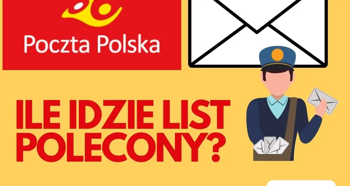 Grafika z logo Poczty Polskiej i pytaniem: "Ile idzie list z Polski do Holandii?". Widoczny listonosz z listami.