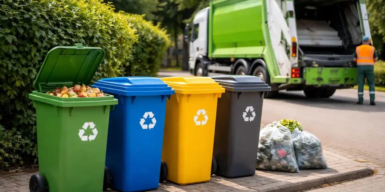 Kolorowe pojemniki na śmieci i śmieciarka symbolizują efektywny recykling w Holandii.