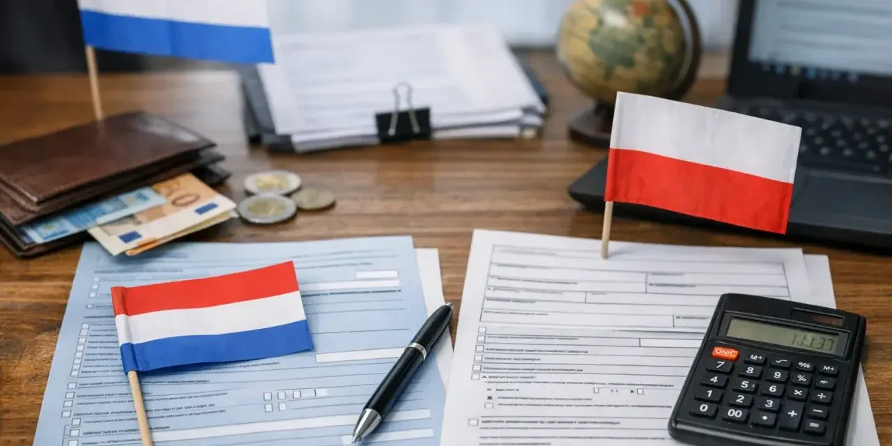 Flagi Holandii i Polski, pieniądze, dokumenty i kalkulator na biurku. Rozliczenie podatkowe, pit zerowy.