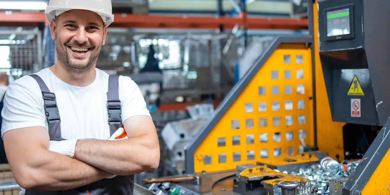 Larex: een lachende arbeider in een fabriek, klaar voor nieuwe uitdagingen. Ontdek onze vacatures!