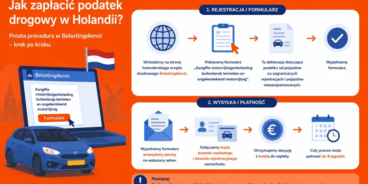 Procedura zapłaty podatku drogowego w Holandii przez Belastingdienst. Krok po kroku: rejestracja, formularz, wysyłka i płatność.