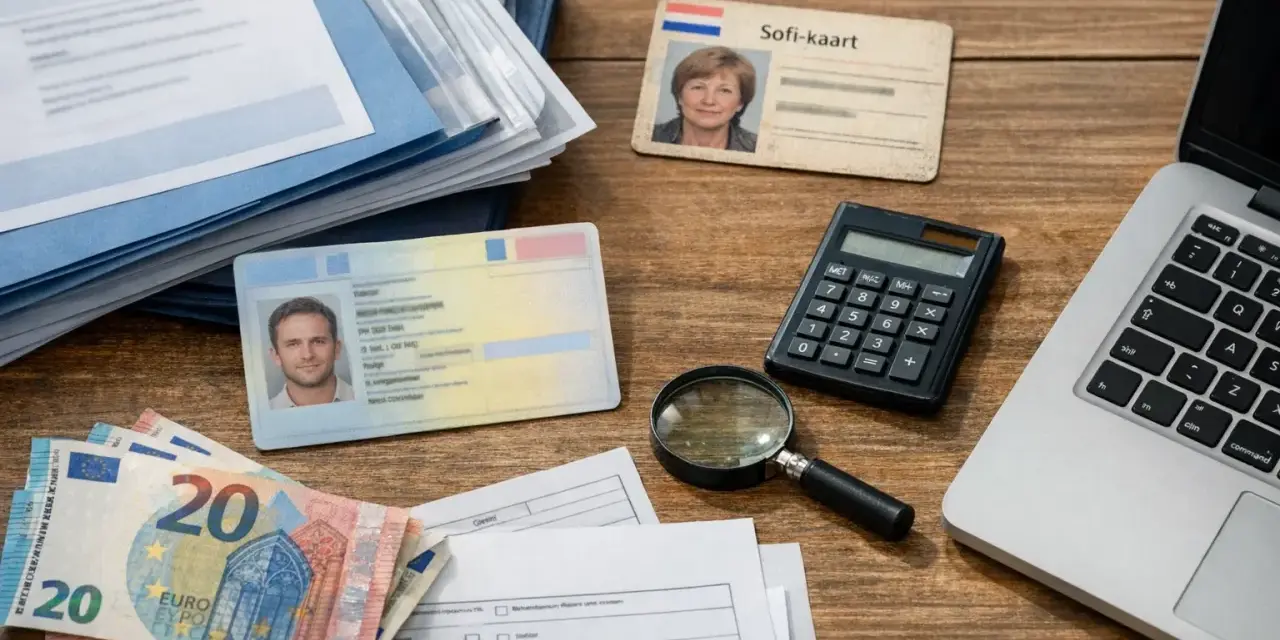 Dokumenty, pieniądze i kalkulator na biurku. Widoczny jest Sofi-kaart, dowód osobisty, euro i formularze, które mogą być związane z numerem podatkowym Holandia.