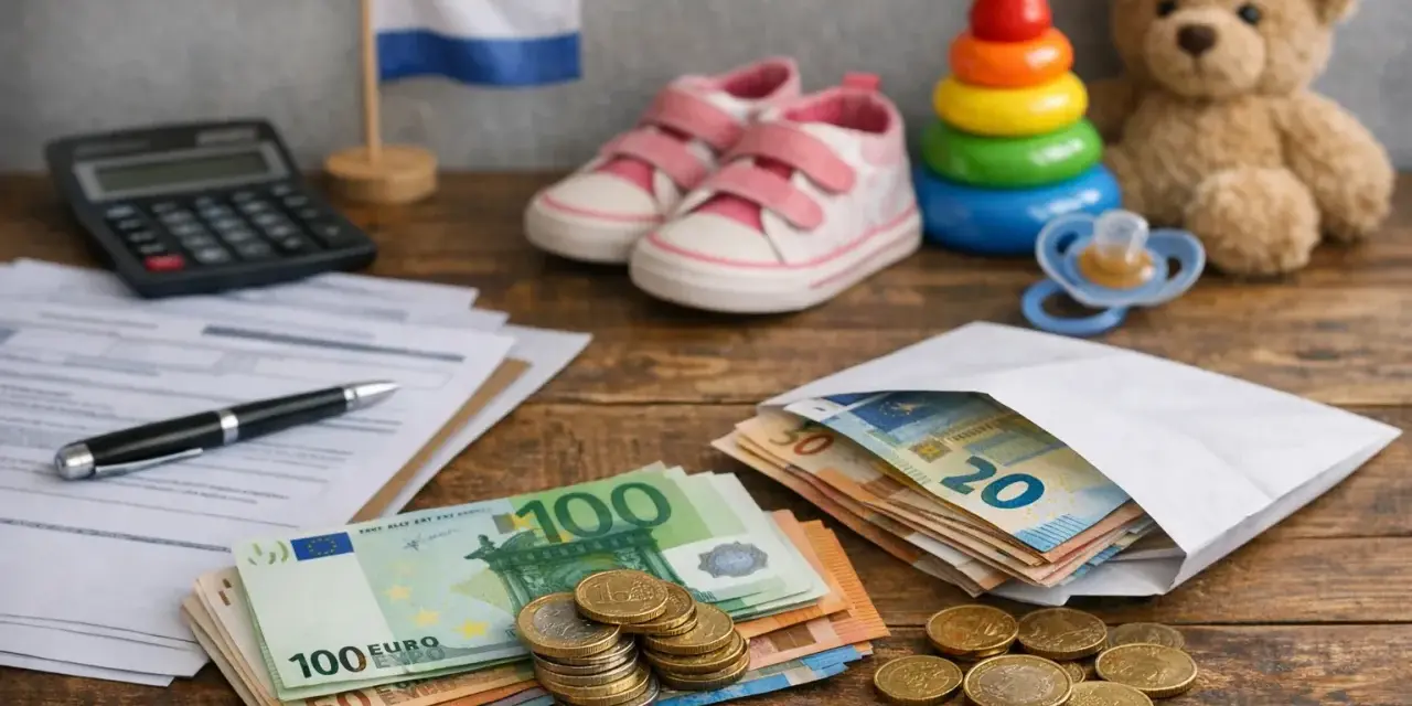 Holandia: ulga podatkowa na dziecko. Pieniądze, dokumenty, kalkulator, zabawki i flaga Holandii sugerują rozliczenie podatkowe związane z dzieckiem.