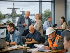 Zespół pracuje w nowoczesnym biurze z widokiem na wiatraki w Holandii.