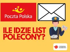 Grafika z logo Poczty Polskiej i pytaniem: "Ile idzie list z Polski do Holandii?". Widoczny listonosz z listami.