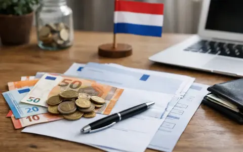 Euro banknoty, monety, dokumenty i flaga Holandii na biurku. Zastanawiasz się, kiedy można zmienić ubezpieczenie w Holandii?