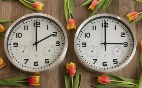 Two clocks on a wooden surface surrounded by tulips. One clock shows 1:45, the other shows 2:45.