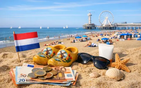Holenderska flaga, drewniaki, pieniądze i okulary przeciwsłoneczne na plaży. Idealne na wakacje, a może werckpost oferty pracy?