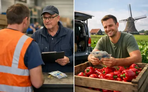 Dwóch mężczyzn, jeden w kamizelce odblaskowej, drugi w czapce, rozmawia o pieniądzach. Obok rolnik liczy banknoty przy skrzyni papryk, a w tle wiatrak. To obraz dla timing agencji.