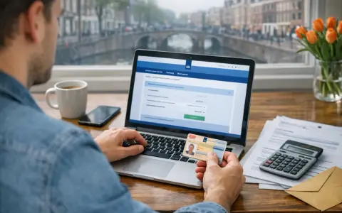 Mężczyzna z holenderskim dowodem osobistym loguje się przez DigiD, by rozliczyć się z podatku w Holandii.