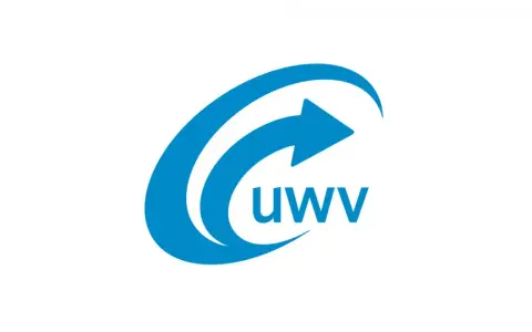 Blauw logo met een pijl die een cirkel volgt, met de tekst "uwv" eronder. Dit is het logo van UWV, wat staat voor 'uitvoeringsinstituut werknemersverzekeringen'.