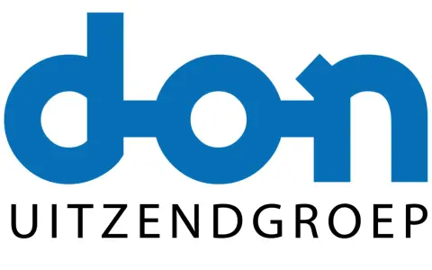Logo DON Uitzendgroep. Niebieski napis DON z białym kółkiem w środku, poniżej czarny napis Uitzendgroep.