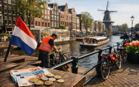 Euro's op tafel in Amsterdam, met een Nederlandse vlag. Droom je van praca holandia 500 euro tygodniowo?