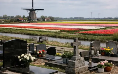 Cmentarz z kwiatami i wiatrakiem w tle, symbolizujący rozłąkowe w Holandii. Kolorowe pola tulipanów tworzą malowniczy krajobraz.