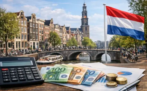 Eurobiljetten, munten en een rekenmachine op een tafel met Amsterdamse grachten op de achtergrond. Hoeveel verdient een arts in Nederland?