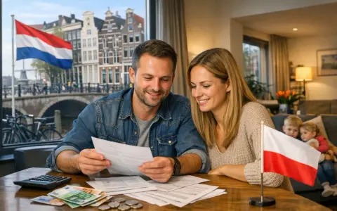 Para analizująca dokumenty i pieniądze, z polską flagą na stole. W tle widać Amsterdam, sugerując starania o zasilek Holandia.