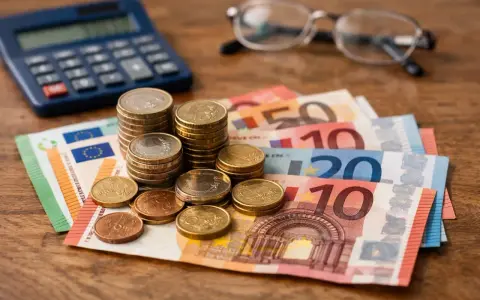 Euro banknoty i monety, kalkulator i okulary. Planowanie emerytury w Holandii wymaga oszczędności.