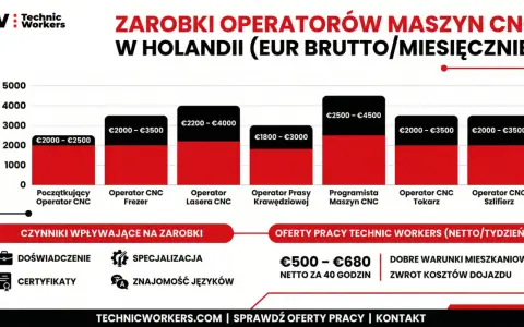 Zarobki operatora CNC w Holandii: od €1800 do €4500 miesięcznie brutto, zależnie od specjalizacji i doświadczenia.