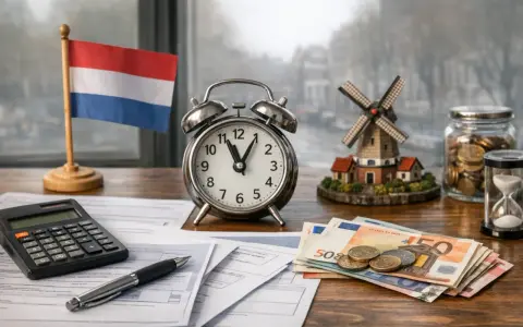 Nederlandse vlag, wekker, geld en molen. Tijd om de belastingdienst po polsku te regelen.
