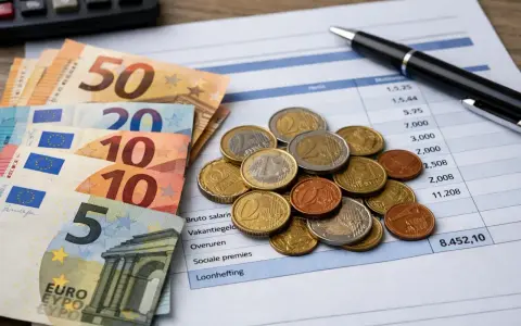 Euro banknoty i monety na dokumencie z danymi finansowymi. Planowanie budżetu na remonty w Holandii.
