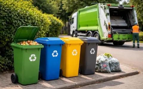 Kolorowe pojemniki na śmieci i śmieciarka symbolizują efektywny recykling w Holandii.