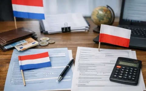 Flagi Holandii i Polski, pieniądze, dokumenty i kalkulator na biurku. Rozliczenie podatkowe, pit zerowy.