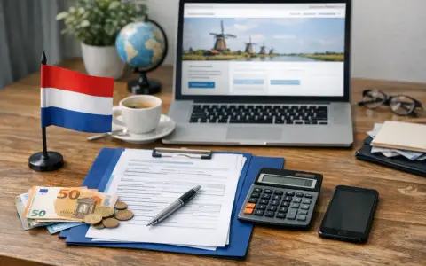 Holenderska flaga, euro, dokumenty i kalkulator sugerują planowanie zasiłku dla bezrobotnych Holandia transfer do Polski.