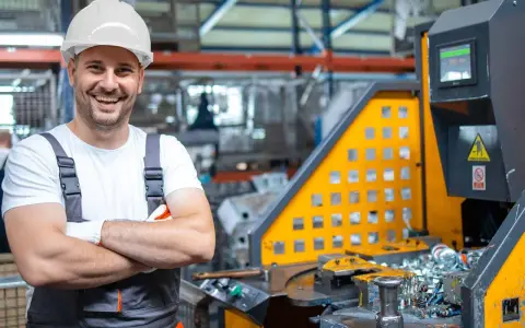 Larex: een lachende arbeider in een fabriek, klaar voor nieuwe uitdagingen. Ontdek onze vacatures!