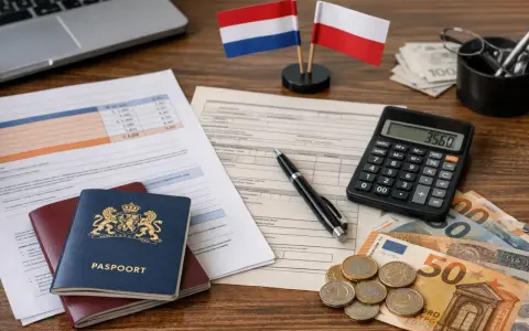 Dokumenty, paszporty, flagi Polski i Holandii, kalkulator i pieniądze sugerują wypłatę składek emerytalnych z Holandii.